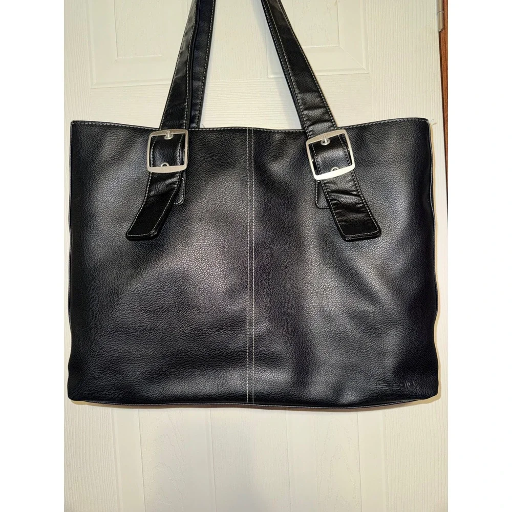 Solo Black Faux Leather Laptop Tote Bag Large Buckle Detail Blue Interior